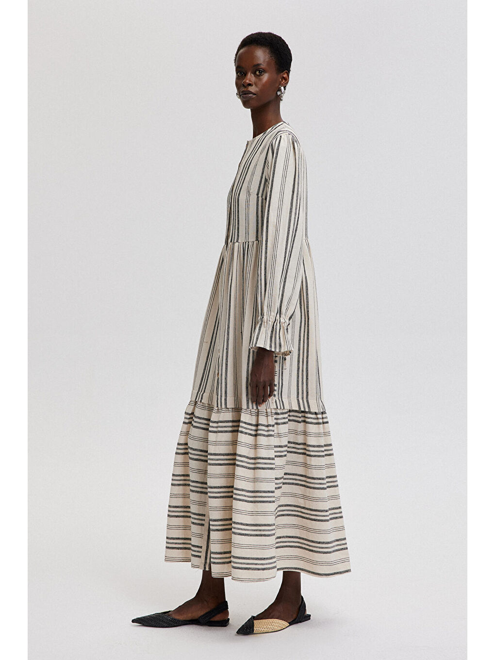 Bej Naturel Dokulu Çizgili Elbise-3