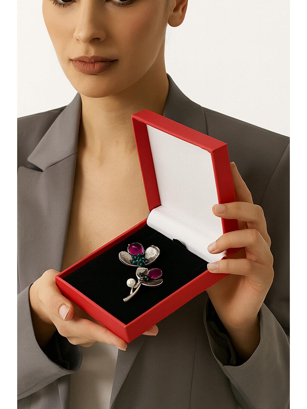 Gri Antik Gümüş Kader Şans Çiçeği Broş Yaka İğnesi-3