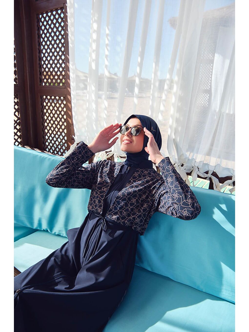 Elisa Kordon Detaylı Lacivert Jileli Tam Tesettür Mayo Üstü 2991