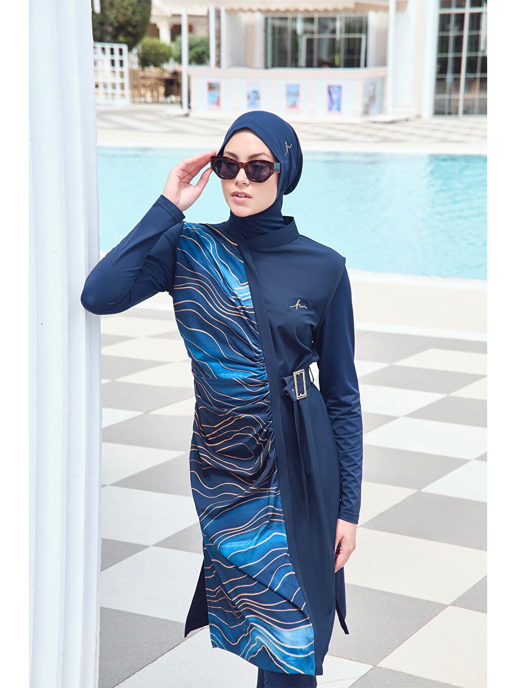 Tokalı Kemer Detaylı Jileli Lacivert 4 Parça Tam Tesettür Mayo Takımı 3103