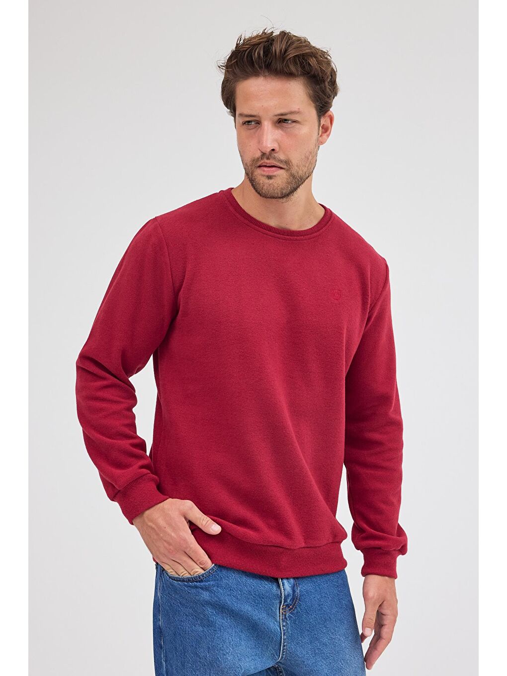 Erkek Bordo Standart Fit Normal Kesim Pamuklu Basic Bisiklet Yaka Sweatshirt MTLCE113-Bordo-3