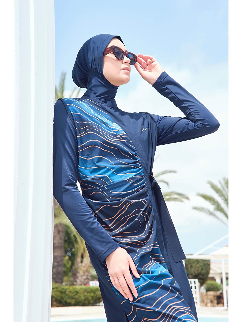 Tokalı Kemer Detaylı Jileli Lacivert 4 Parça Tam Tesettür Mayo Takımı 3103-1