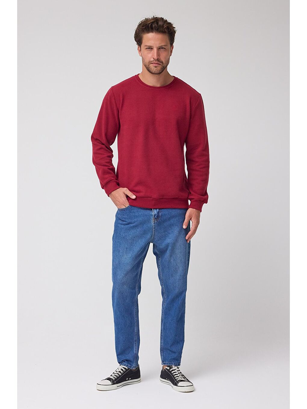 Erkek Bordo Standart Fit Normal Kesim Pamuklu Basic Bisiklet Yaka Sweatshirt MTLCE113-Bordo-4