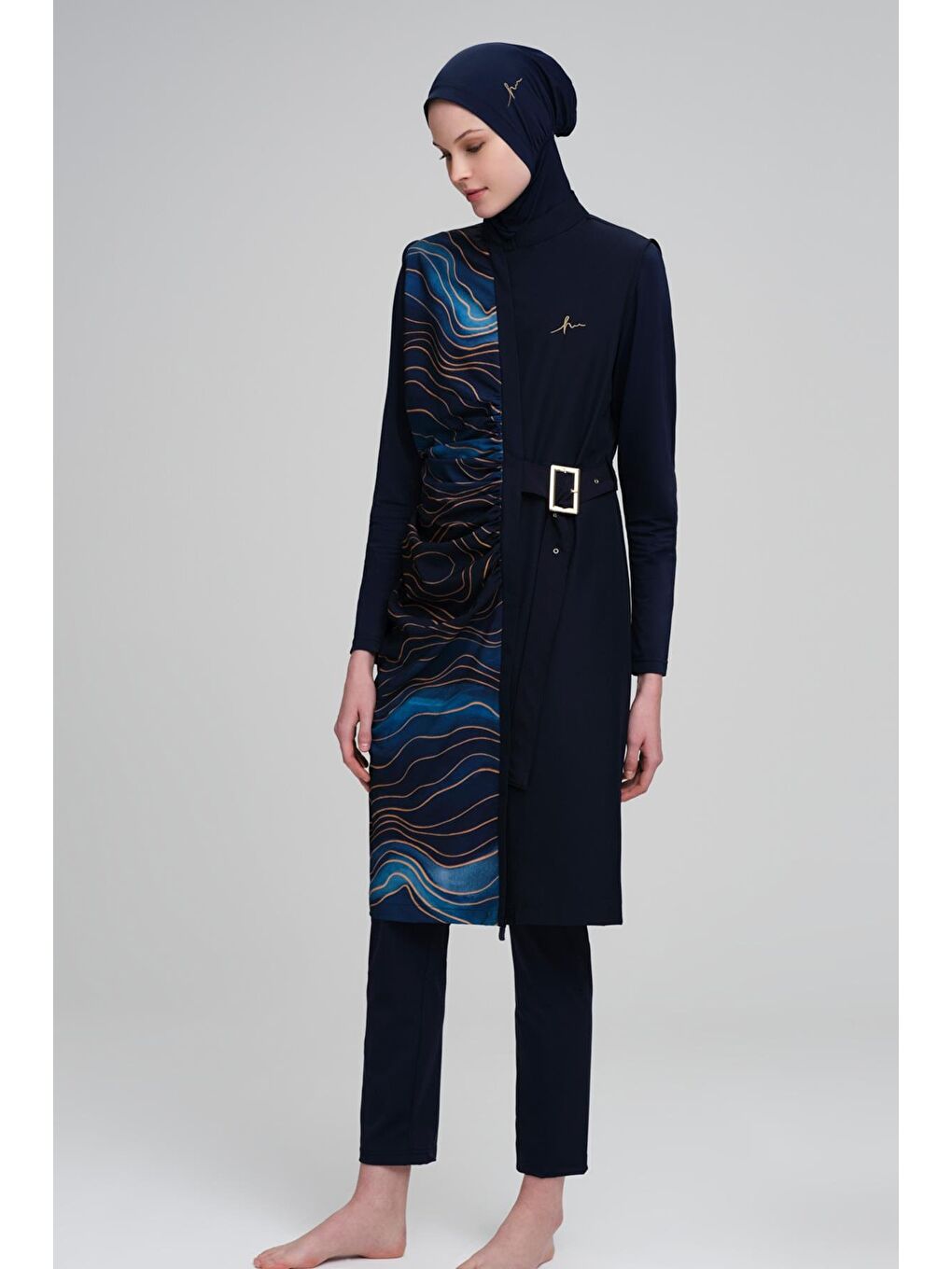 Tokalı Kemer Detaylı Jileli Lacivert 4 Parça Tam Tesettür Mayo Takımı 3103-2