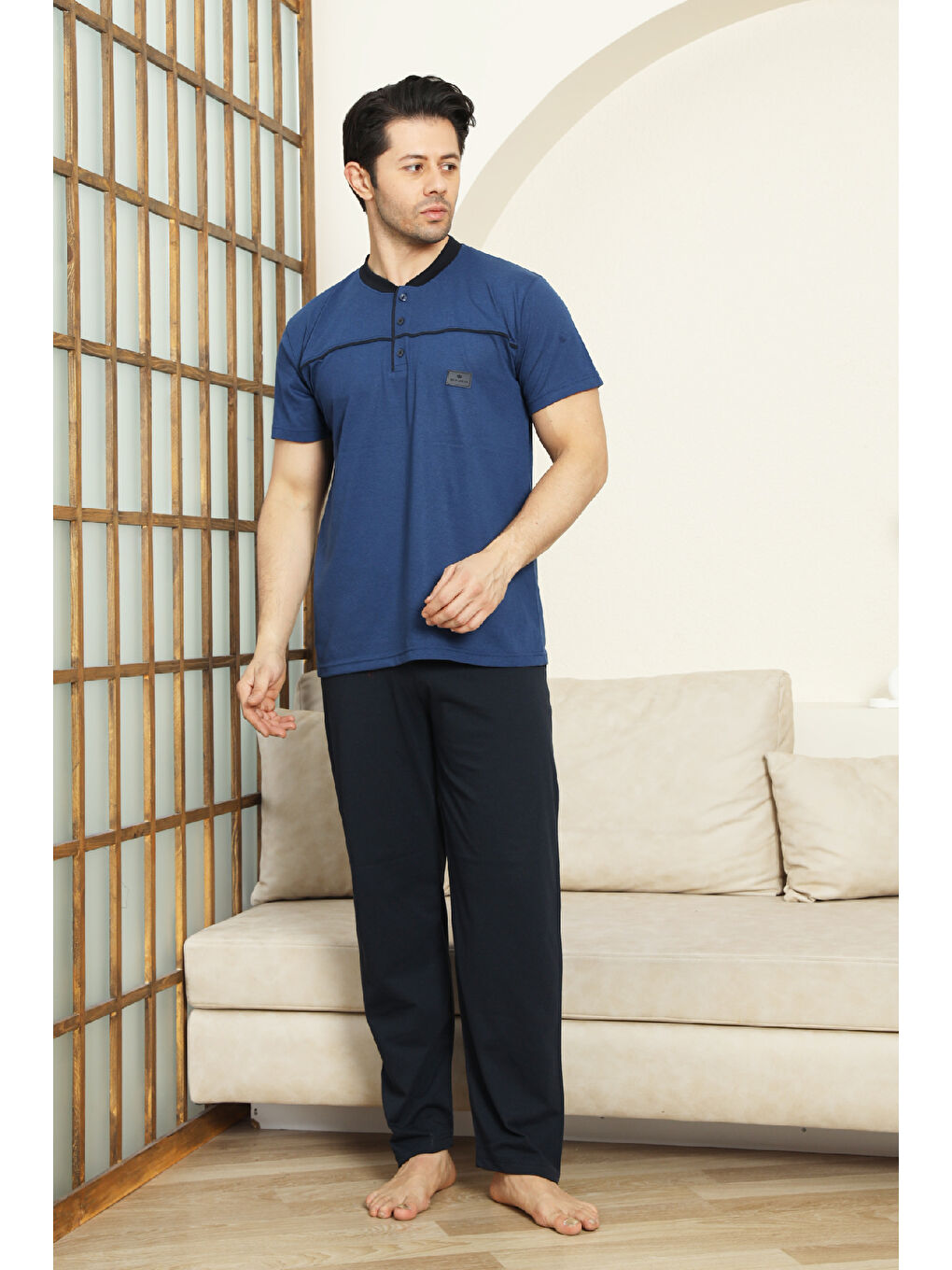 İndigo Erkek %100 Pamuk Pijama Takımı -3 Düğmeli-Robalı 12383-3