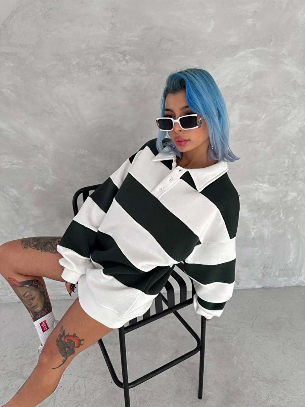 Unisex Üç İplik Parçalı Yakalı Sweatshirt - Yeşil-2