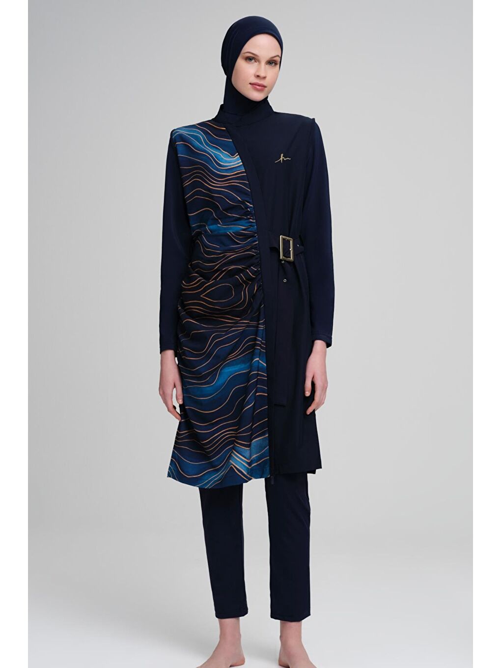 Tokalı Kemer Detaylı Jileli Lacivert 4 Parça Tam Tesettür Mayo Takımı 3103-4