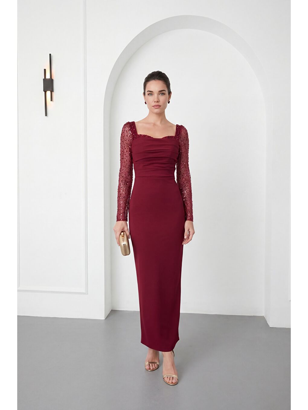 Kadın Bordo Dar Kalıp Kalp Yaka Kolları Payetli Söz Nişan Nikah Abiye-1