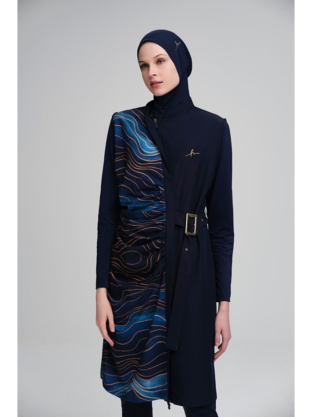 Tokalı Kemer Detaylı Jileli Lacivert 4 Parça Tam Tesettür Mayo Takımı 3103-5