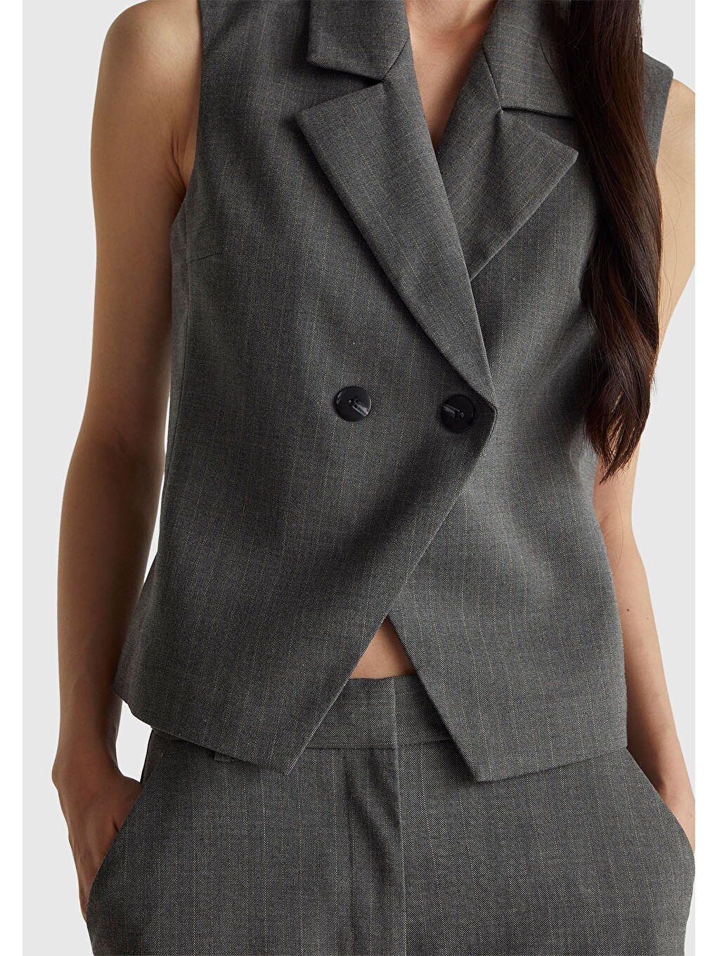 Kadın Haki Desenli Viskoz Karışımlı Düğmeli Kruvaze Yelek-4