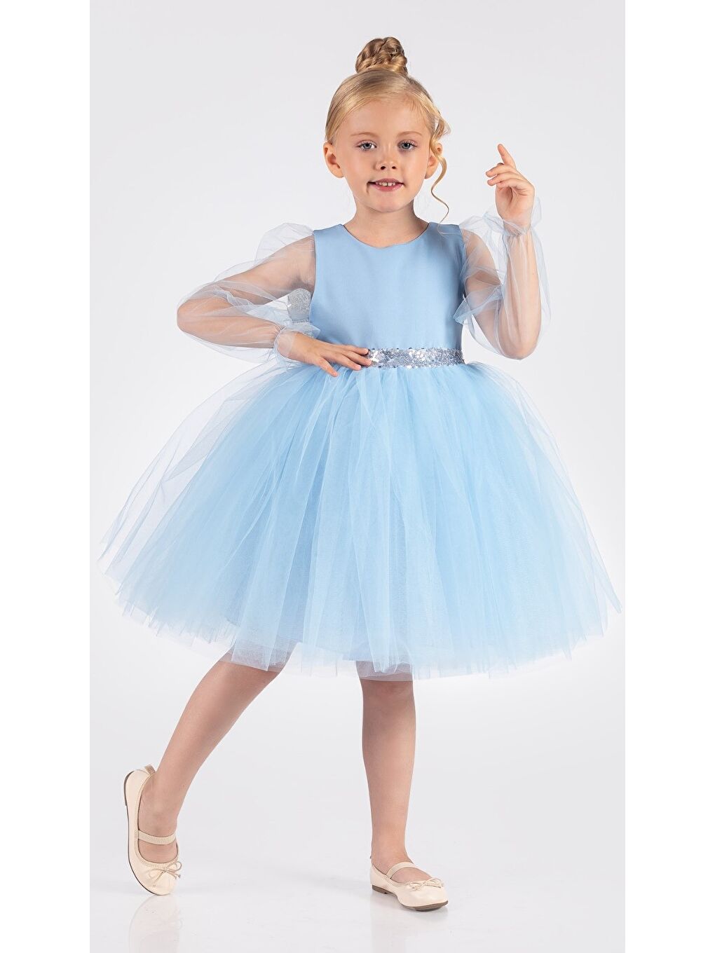 Mavi Kanatlı Kız Çocuk Şifon Kol Abiye MNK0534