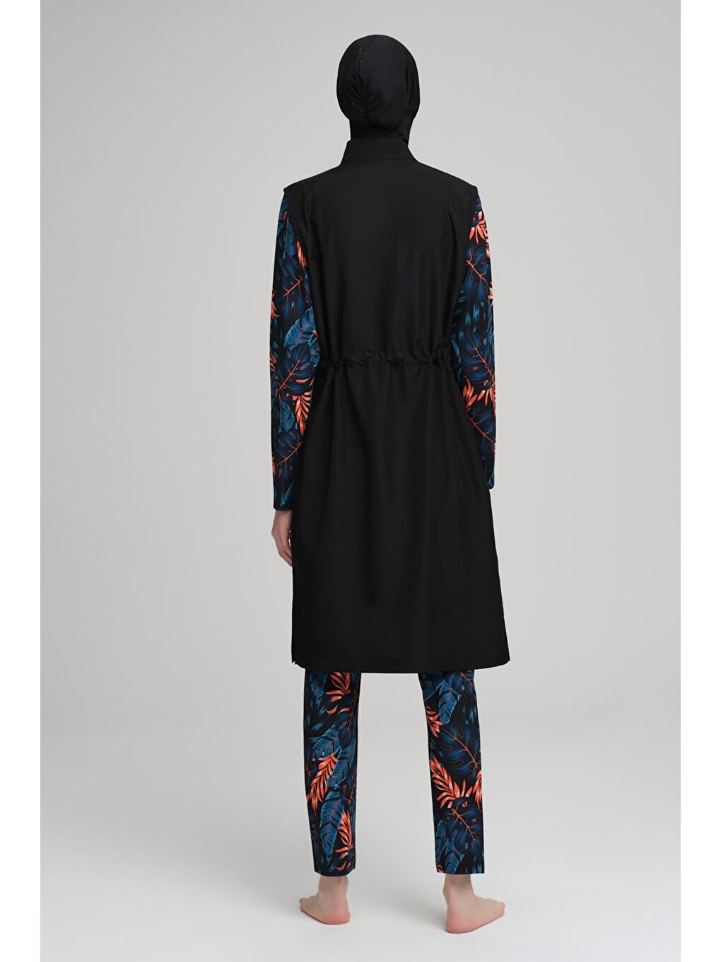 Renkli Yaprak Desenli Siyah Jileli 3 Parça Tam Tesettür Mayo Takımı 2229-1