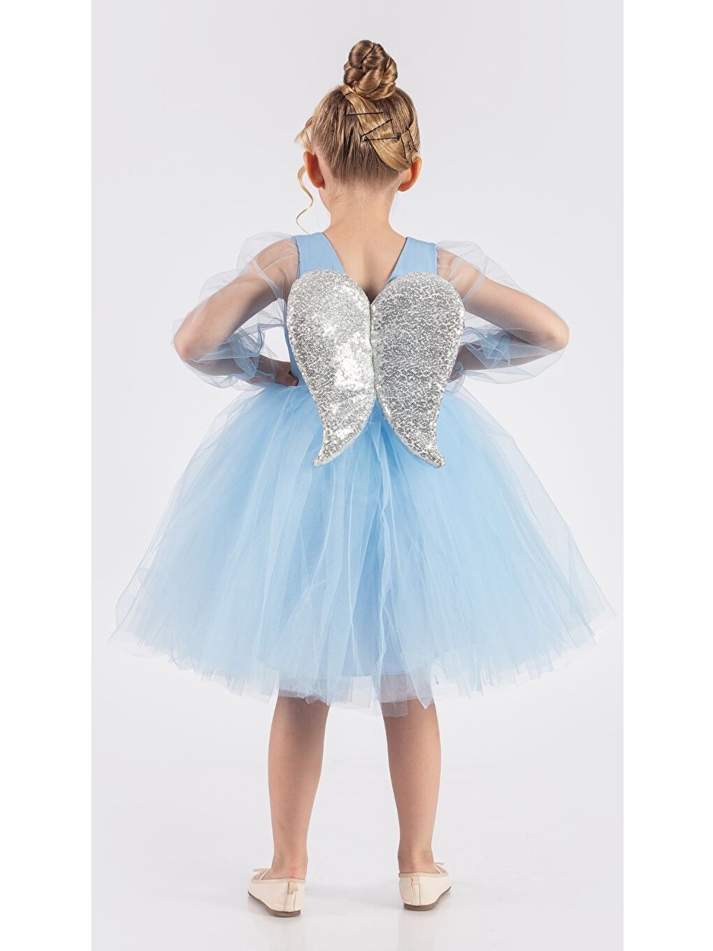 Mavi Kanatlı Kız Çocuk Şifon Kol Abiye MNK0534-1