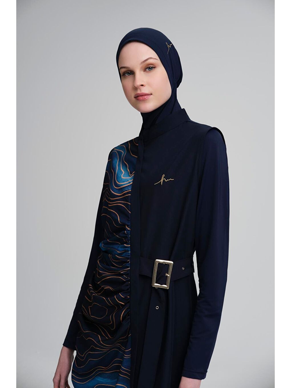 Tokalı Kemer Detaylı Jileli Lacivert 4 Parça Tam Tesettür Mayo Takımı 3103-6