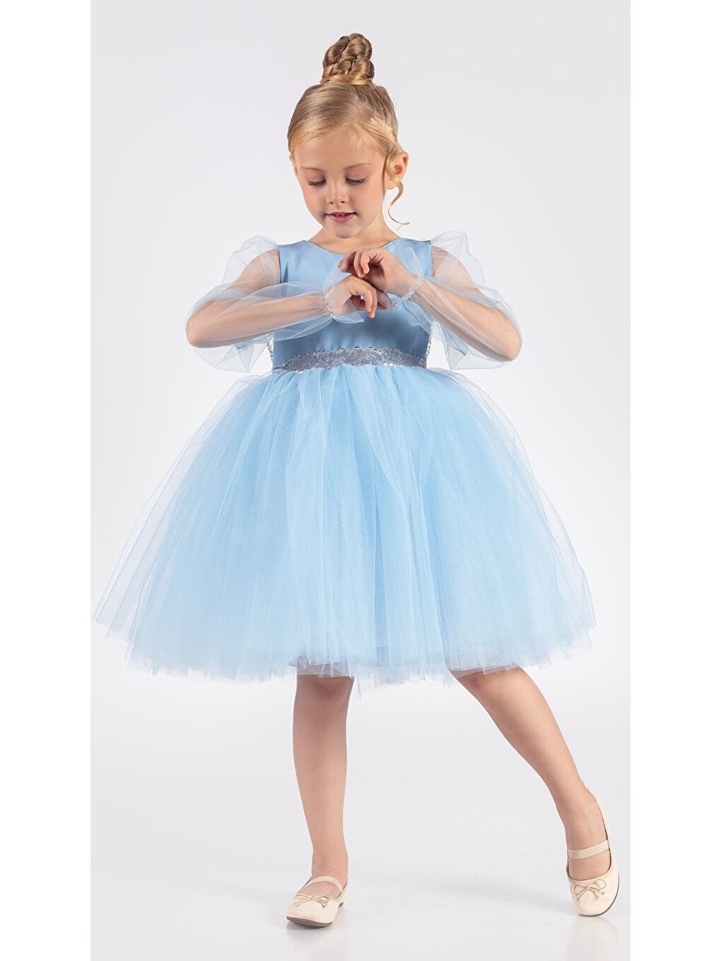 Mavi Kanatlı Kız Çocuk Şifon Kol Abiye MNK0534-3