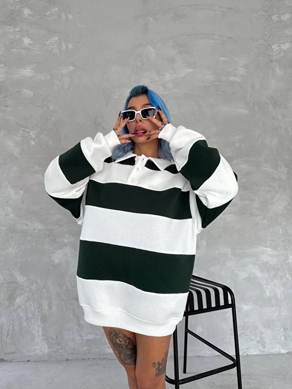 Unisex Üç İplik Parçalı Yakalı Sweatshirt - Yeşil-3