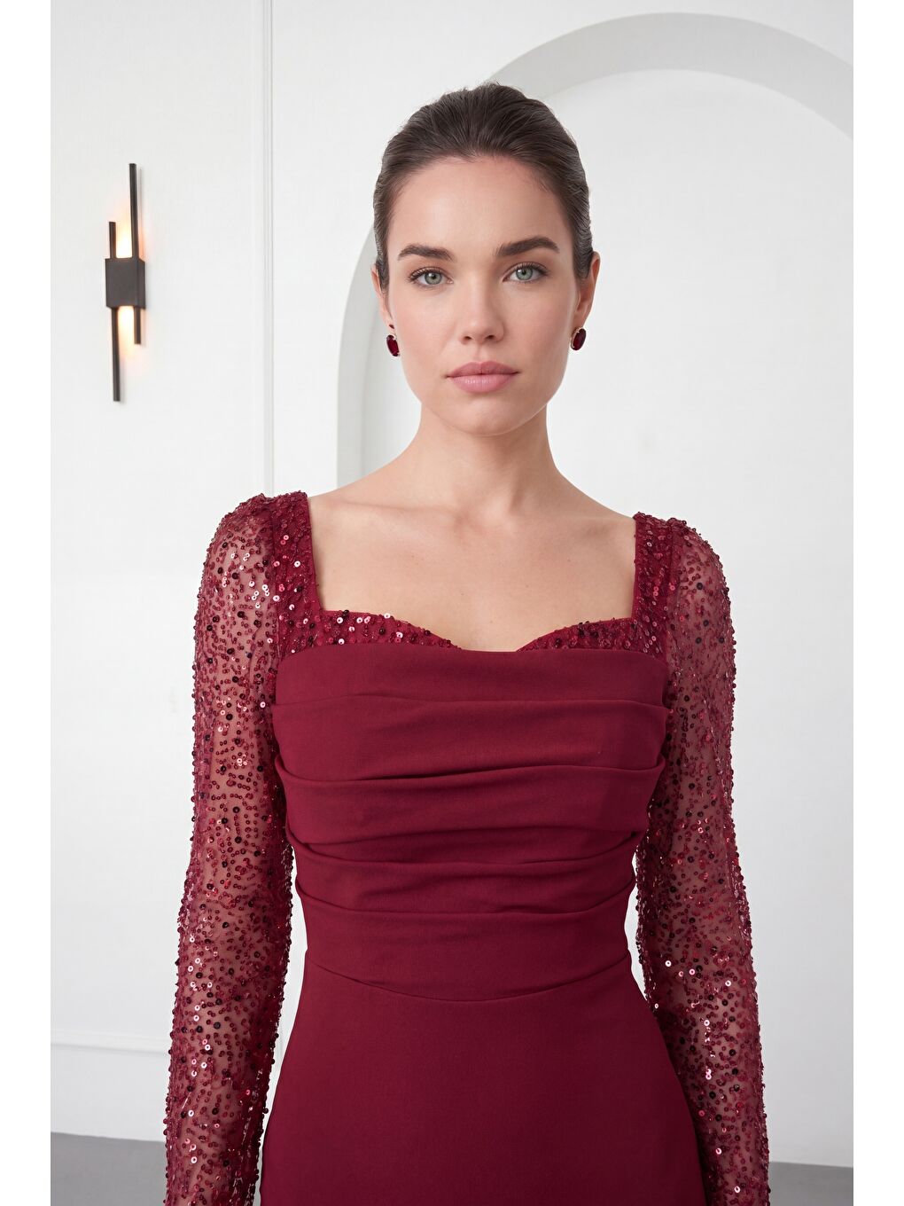 Kadın Bordo Dar Kalıp Kalp Yaka Kolları Payetli Söz Nişan Nikah Abiye-3
