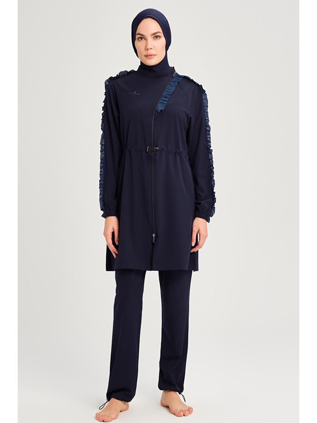 Su Koleksiyonu Tül Detaylı Lacivert Esnek Dokuma 6 Parça Tam Tesettür Mayo Takımı 3051-2