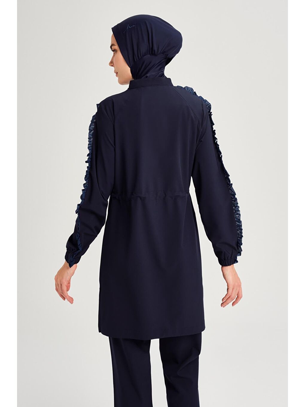 Su Koleksiyonu Tül Detaylı Lacivert Esnek Dokuma 6 Parça Tam Tesettür Mayo Takımı 3051-3