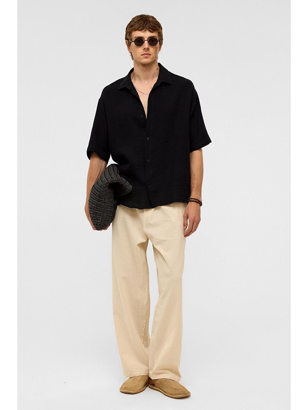 Oversize Kısa Kollu Müslin Kumaş Gömlek Siyah-1