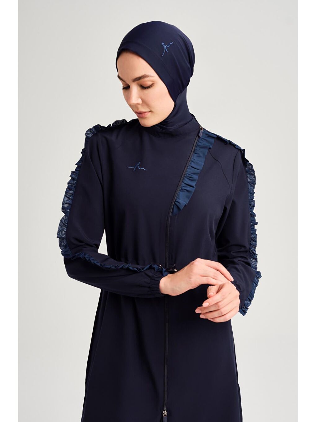 Su Koleksiyonu Tül Detaylı Lacivert Esnek Dokuma 6 Parça Tam Tesettür Mayo Takımı 3051-4