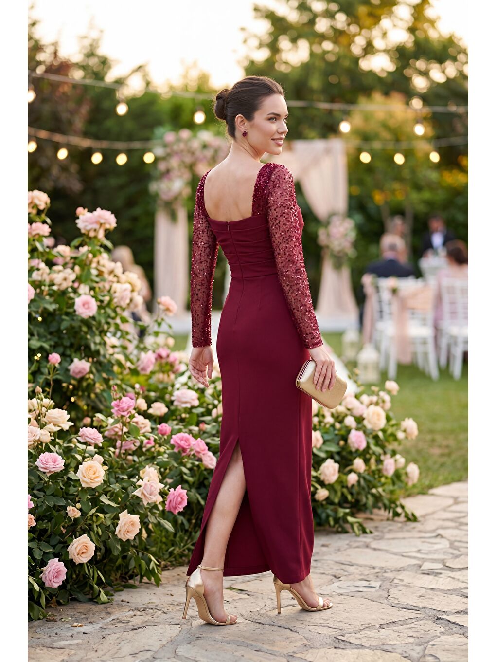 Kadın Bordo Dar Kalıp Kalp Yaka Kolları Payetli Söz Nişan Nikah Abiye-4