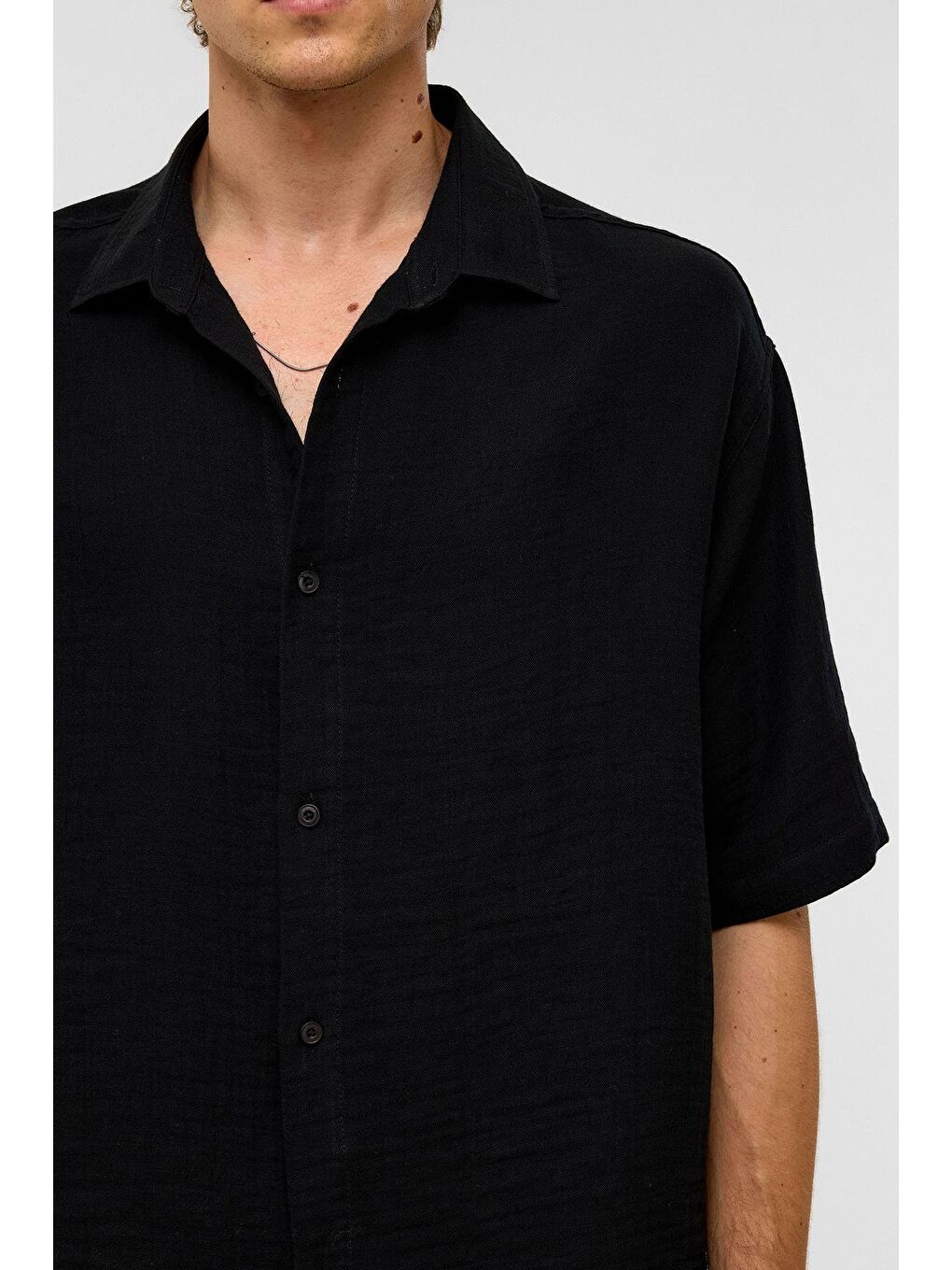 Oversize Kısa Kollu Müslin Kumaş Gömlek Siyah-4