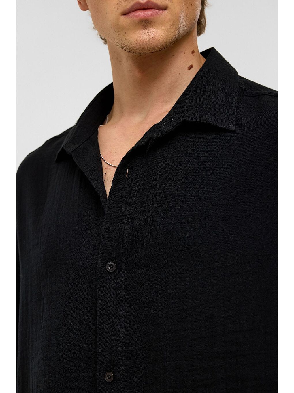 Oversize Kısa Kollu Müslin Kumaş Gömlek Siyah-5