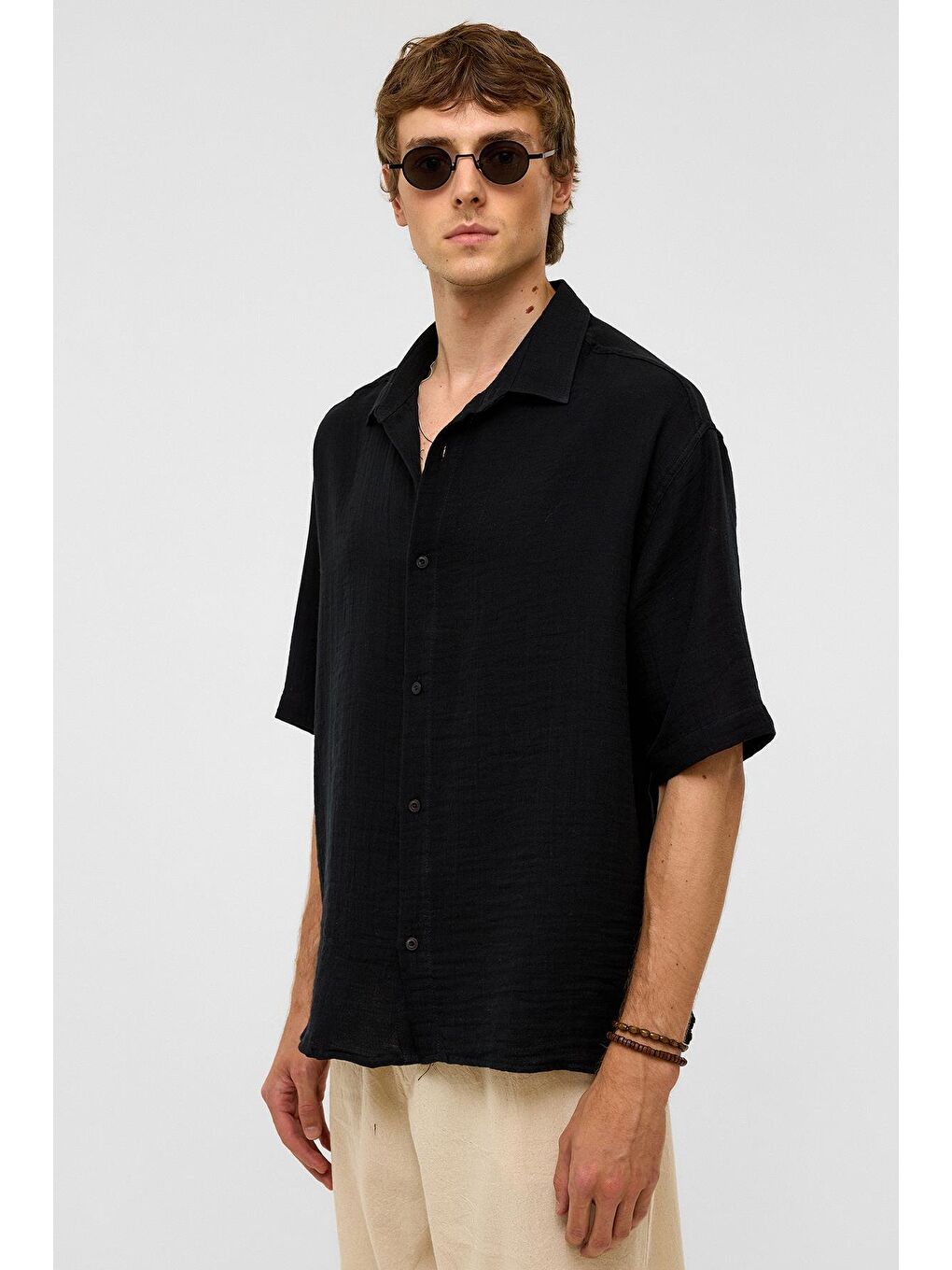 Oversize Kısa Kollu Müslin Kumaş Gömlek Siyah-6