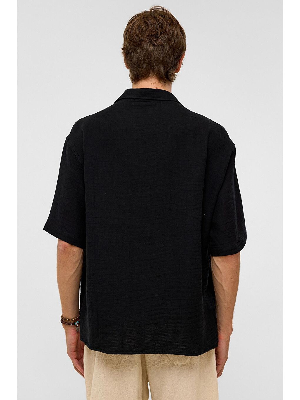 Oversize Kısa Kollu Müslin Kumaş Gömlek Siyah-7