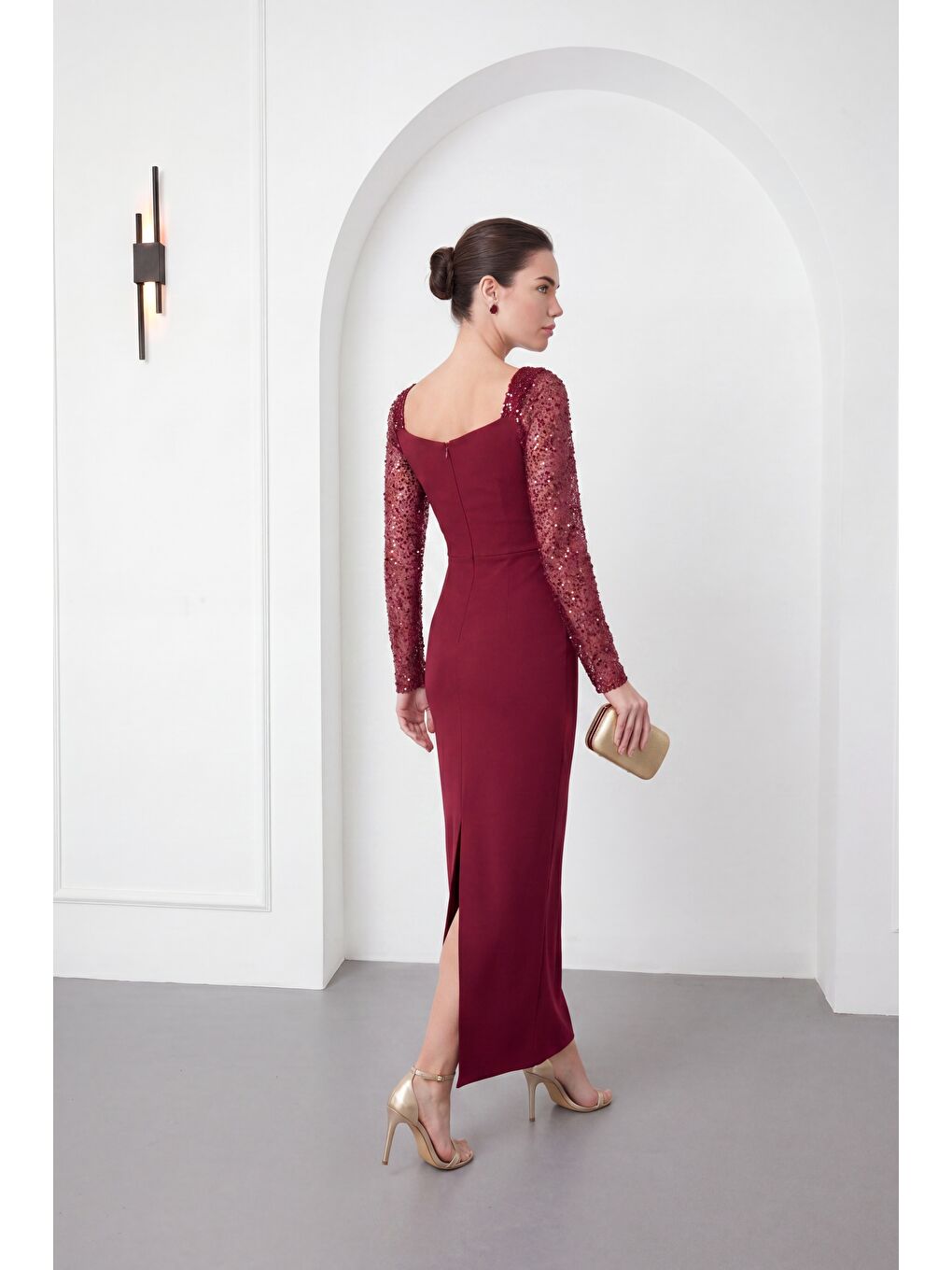 Kadın Bordo Dar Kalıp Kalp Yaka Kolları Payetli Söz Nişan Nikah Abiye-5