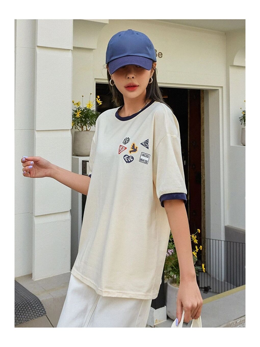 Uncool Parçalı Süprem T Shirt   Bej Lacivert Oversize Bisiklet Yaka Kısa Kol Tişört-3