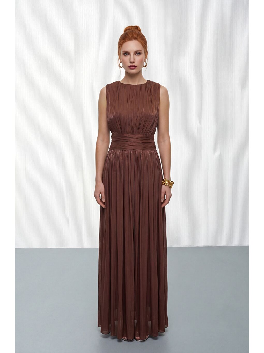 Kadın Kahverengi Bisiklet Yaka Pileli Uzun Davet Elbisesi-1