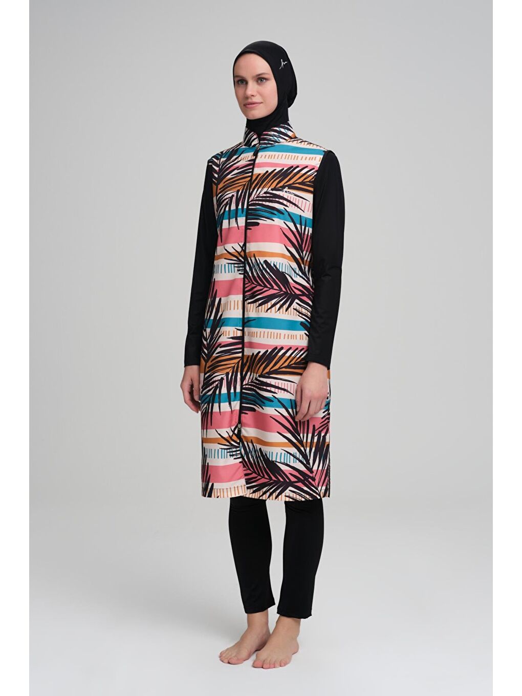 Renkli Çizgili Siyah Jileli 4 Parça Tam Tesettür Mayo Takımı 3009