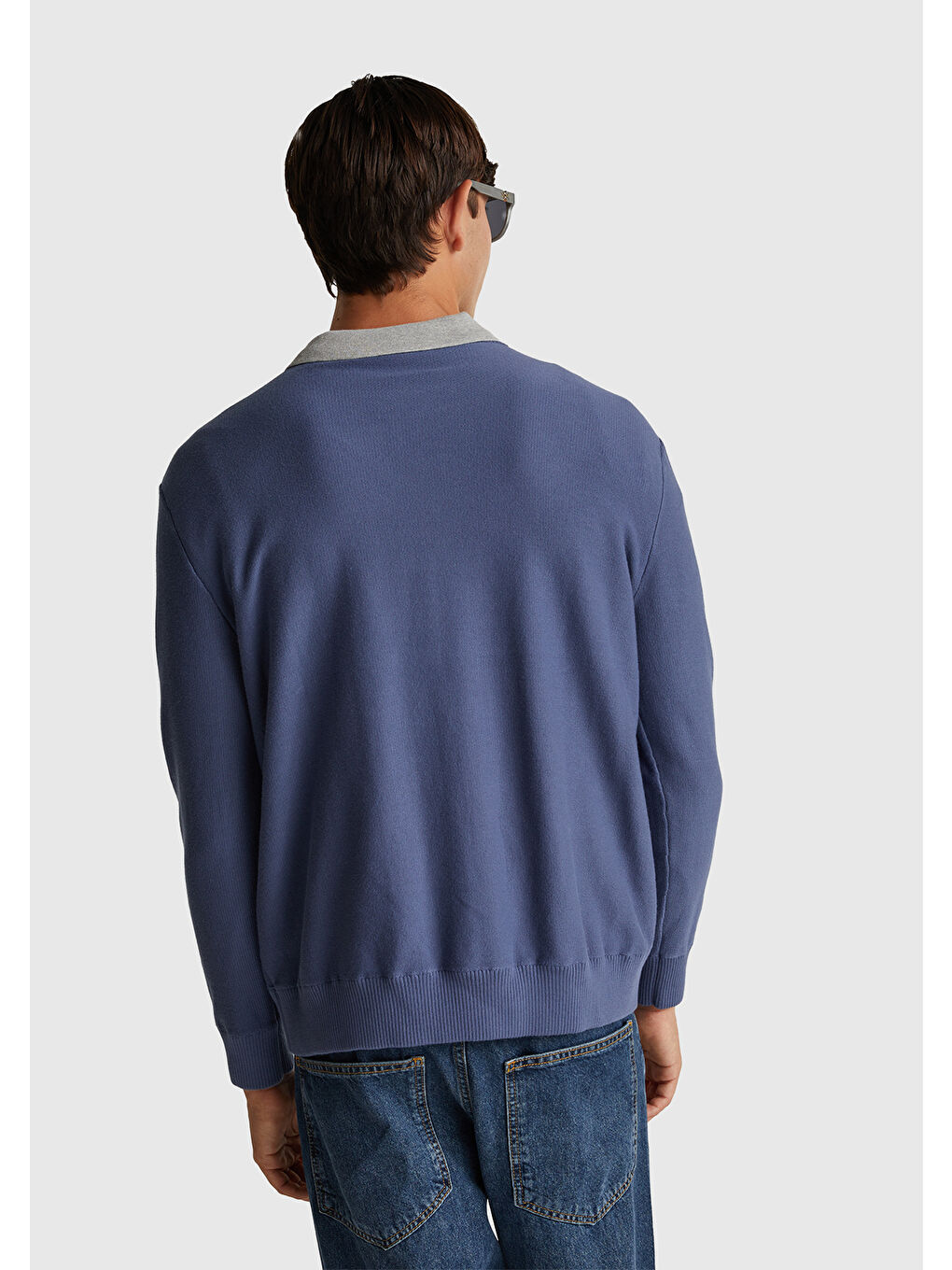 Turkuaz Erkek Havacı Mavi Pamuk Karışımlı Önü Logo İşlemeli Bisiklet Yaka Kazak-2