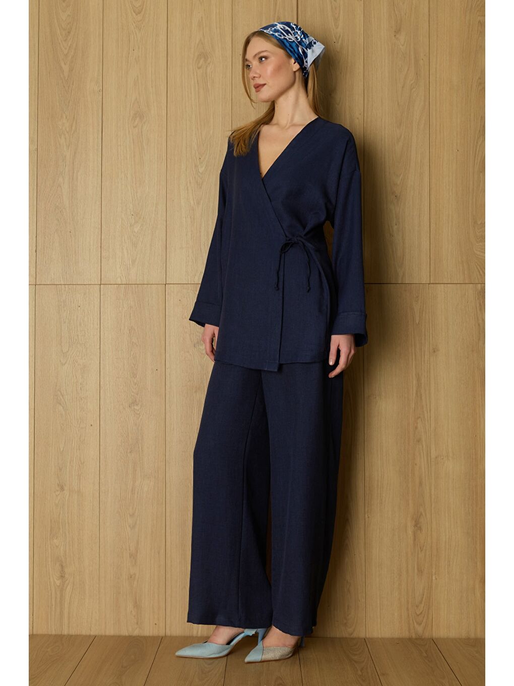 Lacivert Fullamodest Yandan Bağlamalı Kimono 2 Li Takım-1