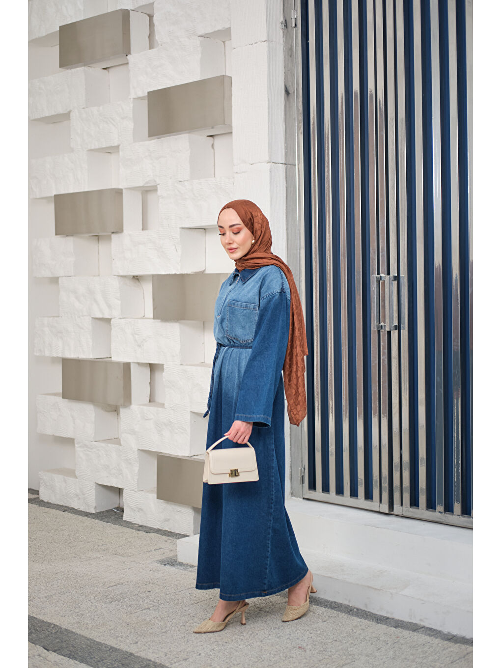 Kadın Tonsürton Detaylı Bel Bağlamalı Jean Elbise Mavi-1