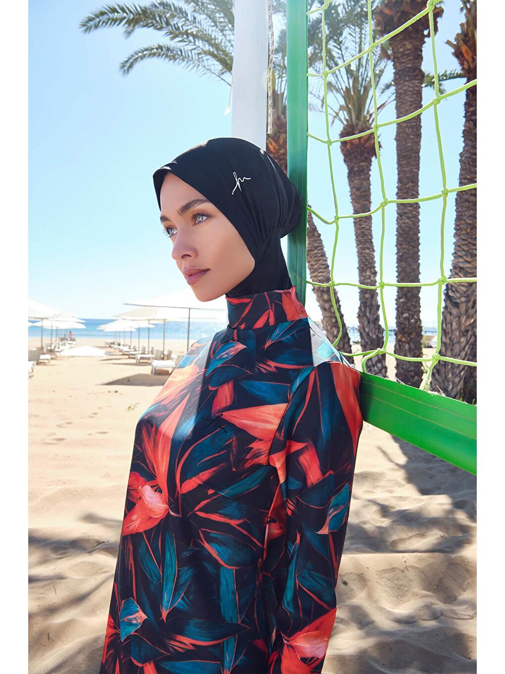 Turuncu Yaprak Detaylı Elastanlı Siyah Tam Tesettür Mayo Üstü 2958