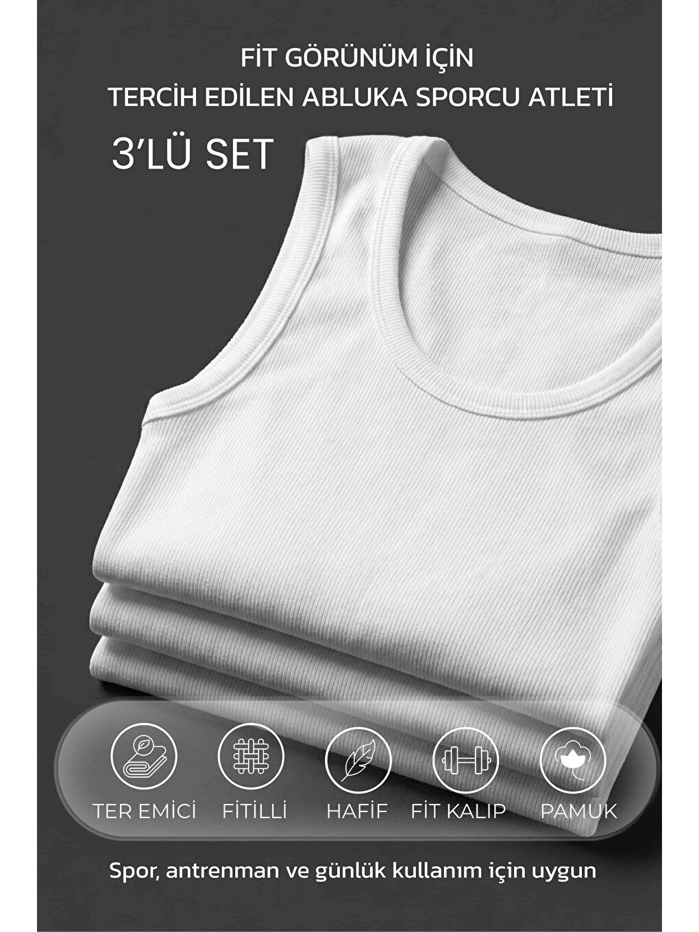 Erkek %100 Pamuklu Basic Fitilli Sporcu Atlet 3'Lu Set Beyaz-4