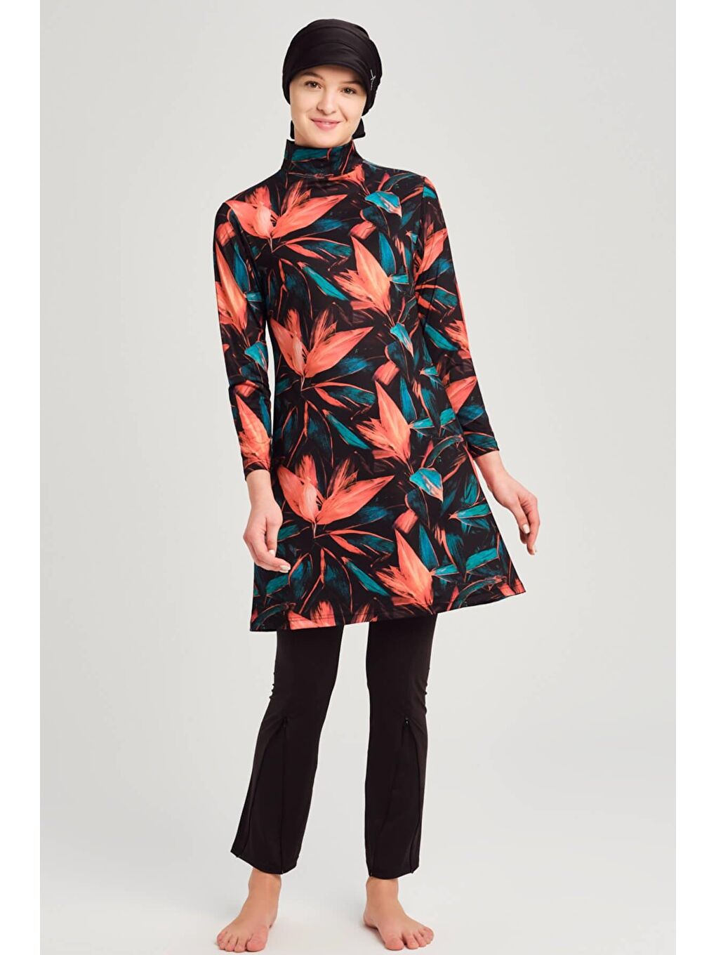 Turuncu Yaprak Detaylı Elastanlı Siyah Tam Tesettür Mayo Üstü 2958-1