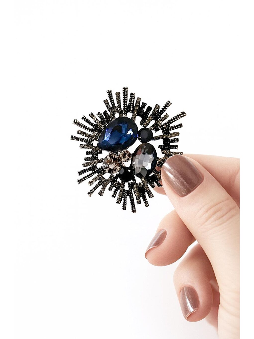 Gri Gece Tılsımı 3 Taşlı Antik Gümüş Broş Yaka İğnesi-5