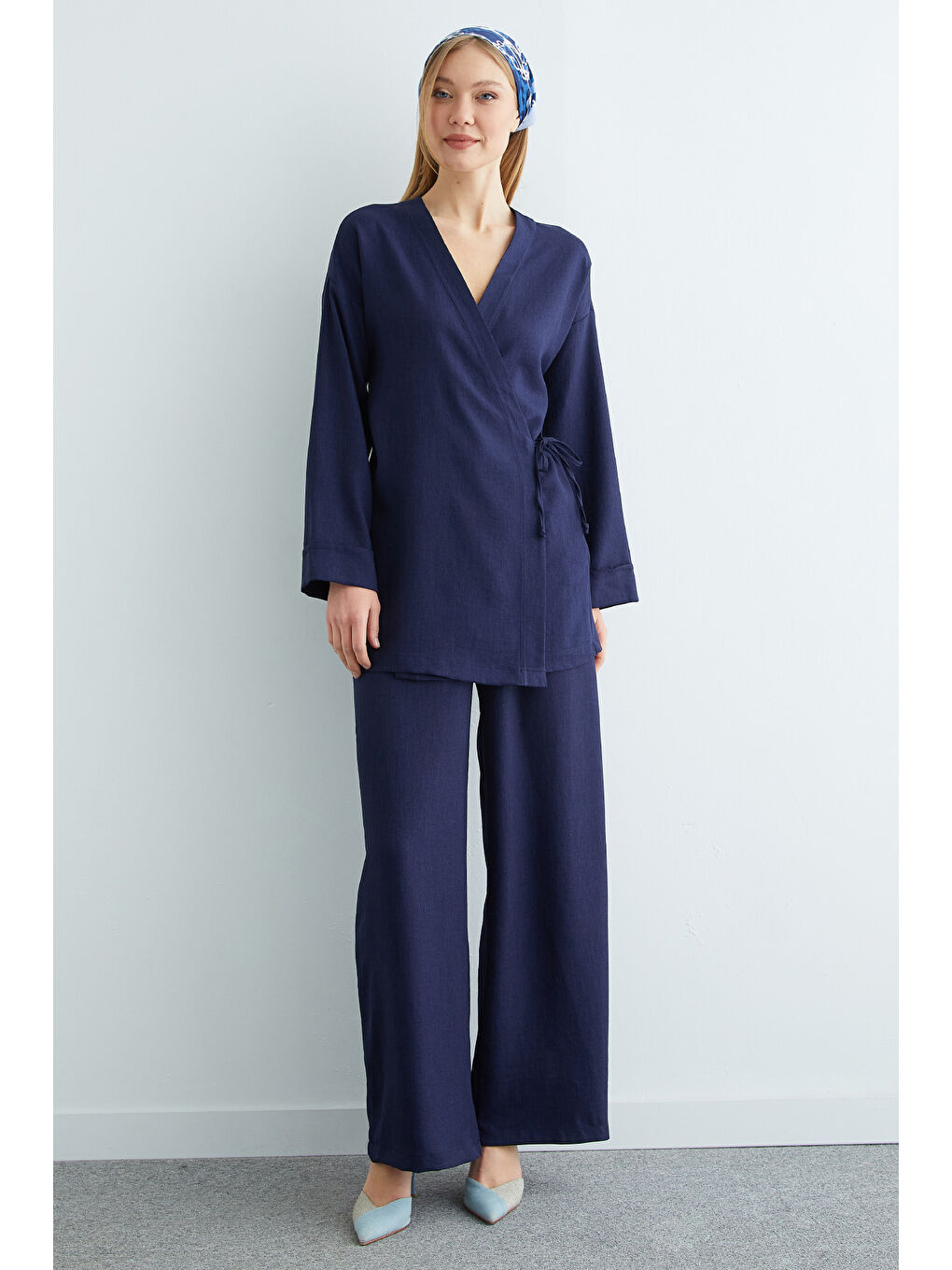 Lacivert Fullamodest Yandan Bağlamalı Kimono 2 Li Takım-3