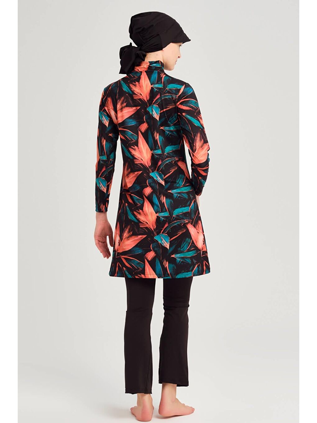 Turuncu Yaprak Detaylı Elastanlı Siyah Tam Tesettür Mayo Üstü 2958-2