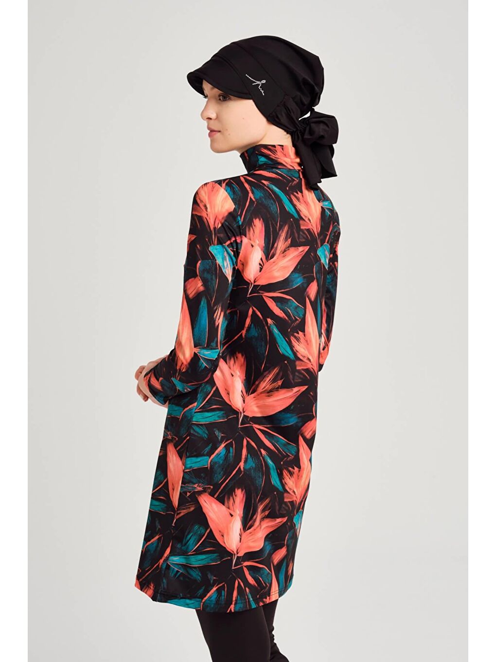 Turuncu Yaprak Detaylı Elastanlı Siyah Tam Tesettür Mayo Üstü 2958-3