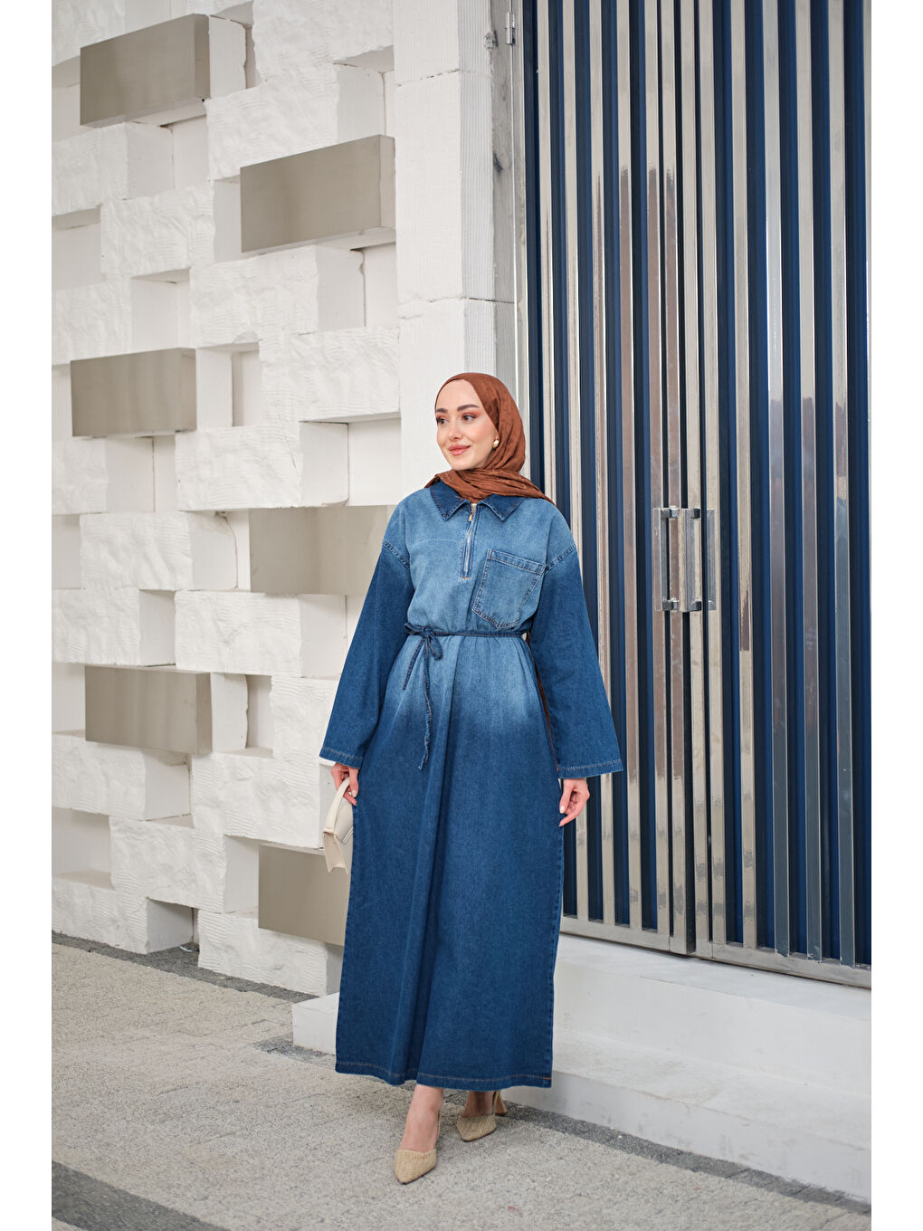 Kadın Tonsürton Detaylı Bel Bağlamalı Jean Elbise Mavi-2