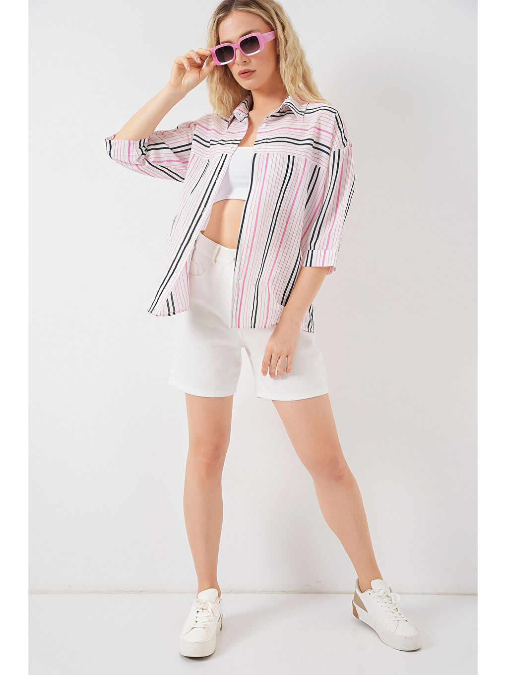 Kadın Çizgili Kısa Kol Gömlek 20344 - Pembe-1