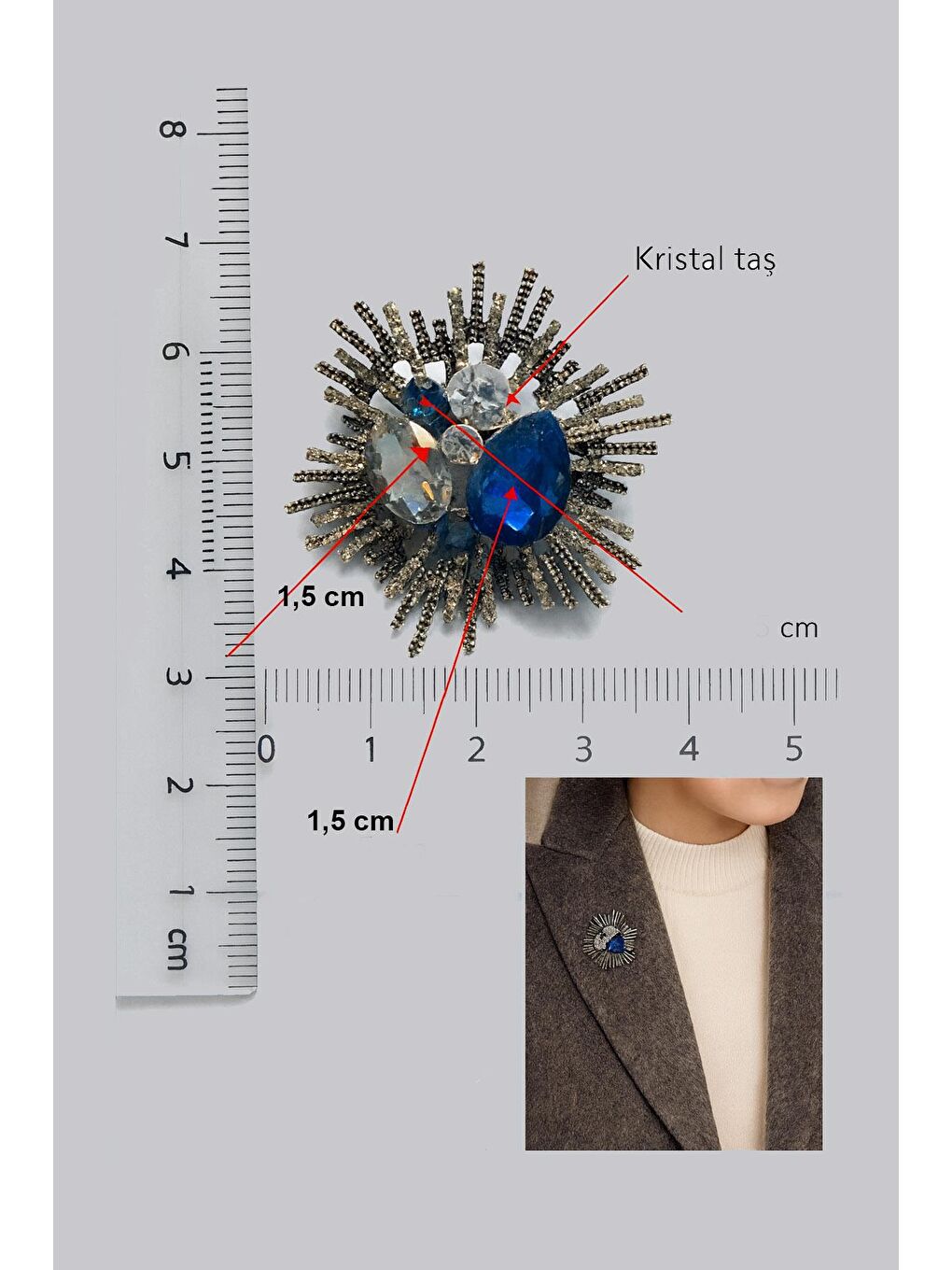 Gri Gece Tılsımı 3 Taşlı Antik Gümüş Broş Yaka İğnesi-6