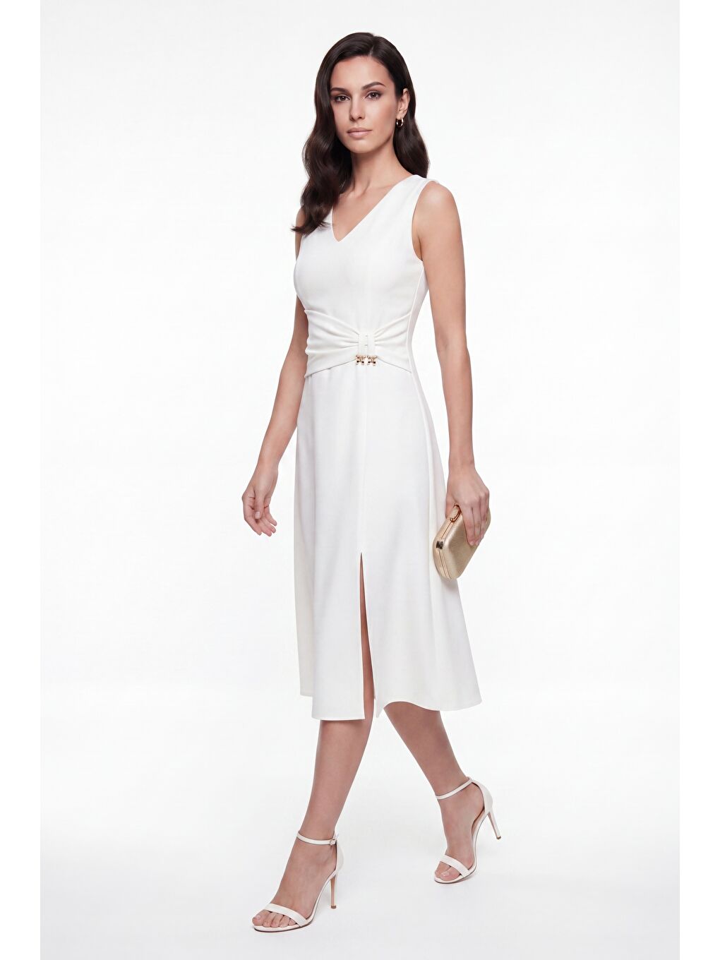 Kadın Beyaz V Yaka Yırtmaçlı Midi Kloş Davet Elbisesi