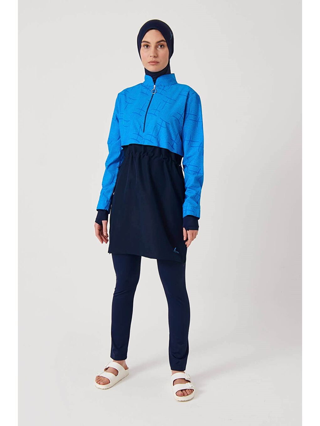 Esila Monogram Desenli Lacivert 4 Parça Tam Tesettür Mayo Takımı 2934-4