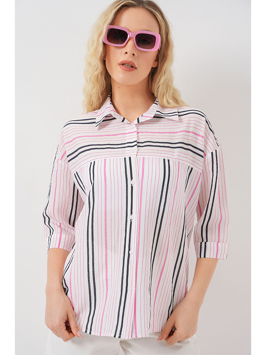 Kadın Çizgili Kısa Kol Gömlek 20344 - Pembe-2